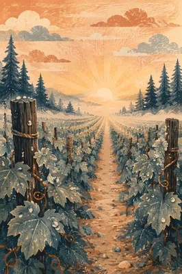 Morning Mist Over Evergreen Vineyard Rows