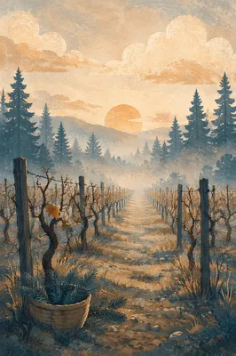 Morning Mist Over Evergreen Vineyard Rows