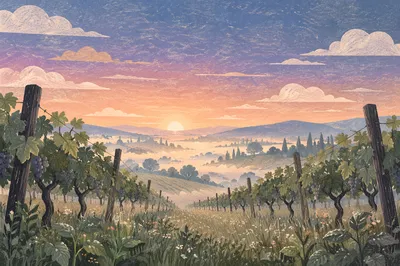 Misty Evergreen Vineyard Rows at Dawn