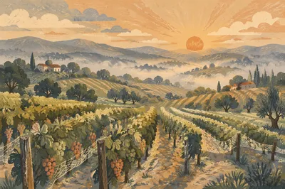 Misty Evergreen Vineyard Rows at Sunrise