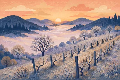 Misty Dawn Vineyard Rows in Evergreen Hills