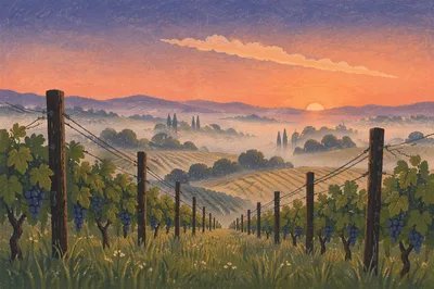 Morning Mist Over Evergreen Vineyard Rows