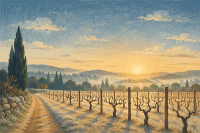 Misty Dawn Vineyard Rows with Evergreens