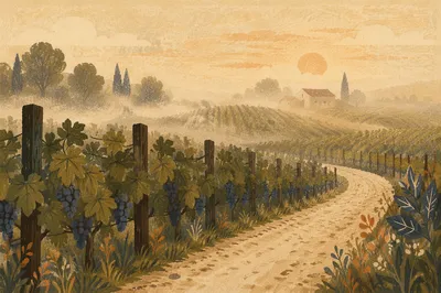 Morning Mist Over Evergreen Vineyard Rows