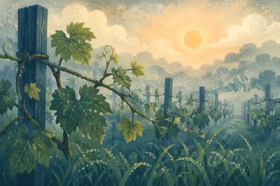 Misty Dawn Vineyard Rows with Dew