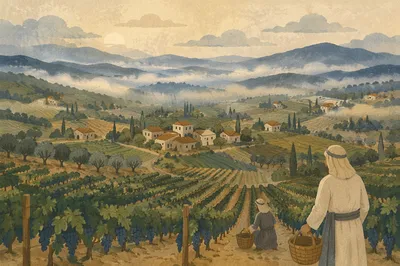 Morning Mist Over Evergreen Vineyard Rows