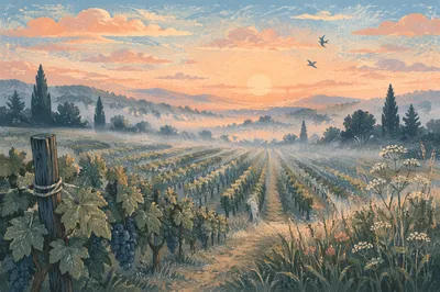 Misty Vineyard Rows at Evergreen Dawn