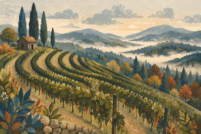 Misty Terraced Vineyard Rows at Dawn