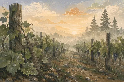 Misty Vineyard Cross at Sunrise