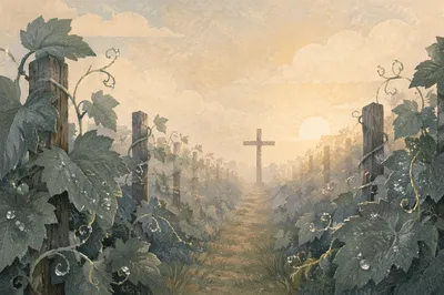 Morning Mist Vineyard With Distant Cross