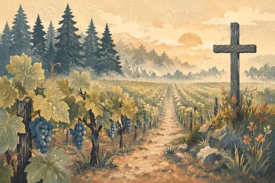 Morning Mist Vineyard With Evergreen Cross