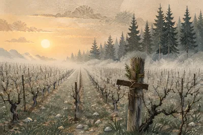 Morning Mist Vineyard Cross with Evergreens