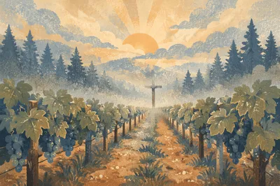 Morning Mist Vineyard Rows with Wooden Cross