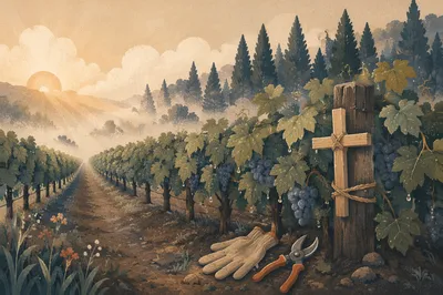 Morning Mist Vineyard with Wooden Cross