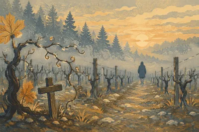 Mist over Vineyard Rows with Wooden Cross