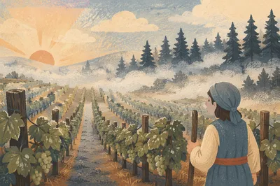 Morning Mist Over Evergreen Vineyard Rows