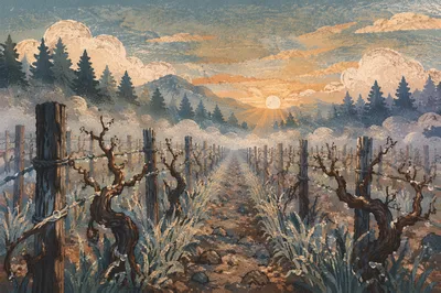 Misty Morning Vineyard Rows with Evergreens