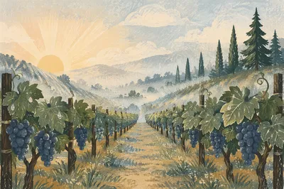 Morning Mist Vineyard with Evergreen Pines