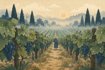 Morning Mist Vineyard Rows with Evergreens