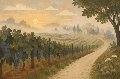 Misty Vineyard Rows at Evergreen Dawn