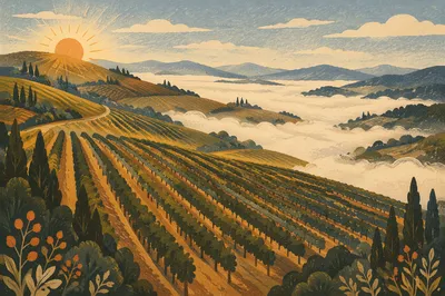 Morning Mist Over Evergreen Vineyard Rows