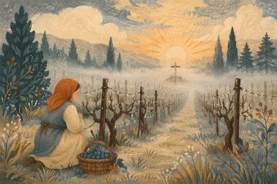 Morning Mist Vineyard with Evergreen Cross