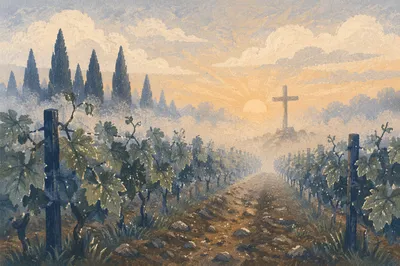 Morning Mist Vineyard Cross at First Light