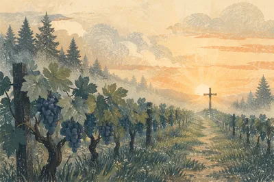 Morning Mist Vineyard Cross at Sunrise