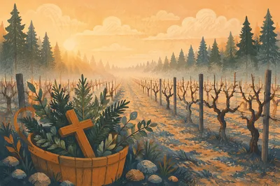 Misty Vineyard Dawn with Evergreen Cross