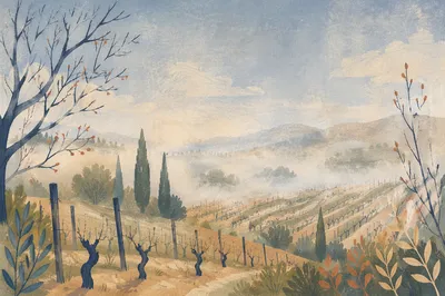 Misty Morning Vineyard Rows at Dawn