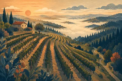 Mist-Kissed Vineyard Rows at Dawn
