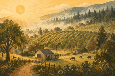 Misty Vineyard Rows at Golden Dawn