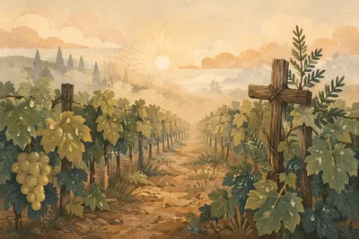 Misty Vineyard Rows with Evergreen Cross