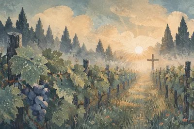 Misty Vineyard Rows With Wooden Cross