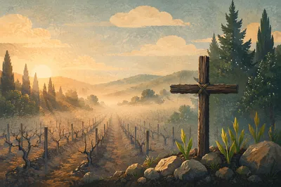 Morning Mist Vineyard Cross at Dawn
