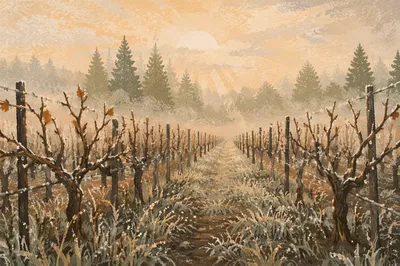 Misty Vineyard Rows with Evergreen Trees