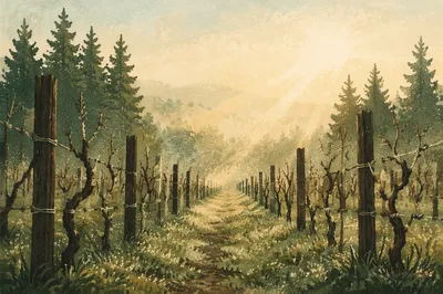 Misty Vineyard Rows at Evergreen Dawn