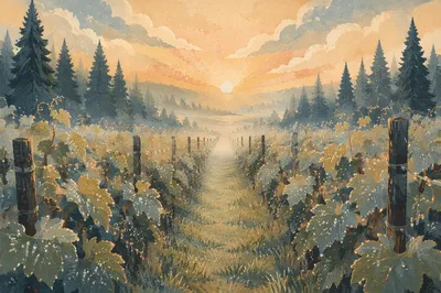 Misty Vineyard Path at Hopeful Sunrise