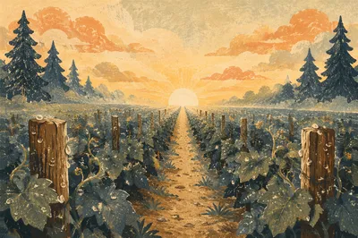 Misty Vineyard Rows at Evergreen Dawn