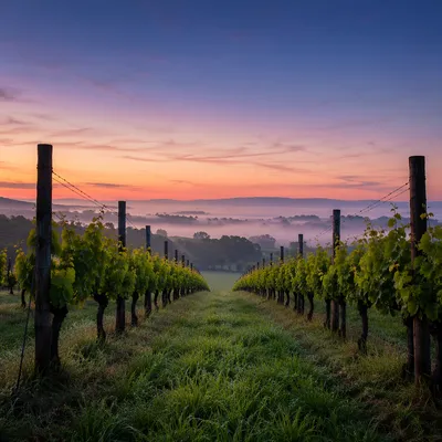 Misty Dawn Vineyard Rows with Evergreen Vines