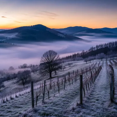 Misty Dawn Vineyard Rows on Hillside