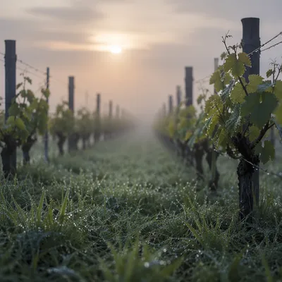 Misty Dawn Vineyard Rows in Evergreen Light