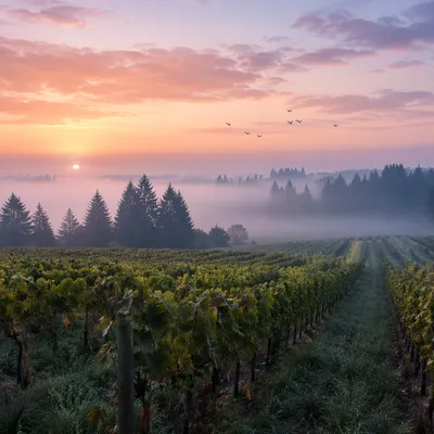 Misty Vineyard Rows at Peaceful Dawn