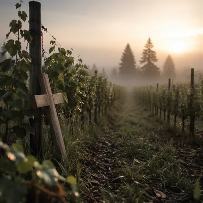Morning Mist Vineyard with Wooden Cross