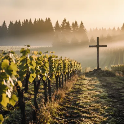 Morning Mist Vineyard with Evergreen Cross