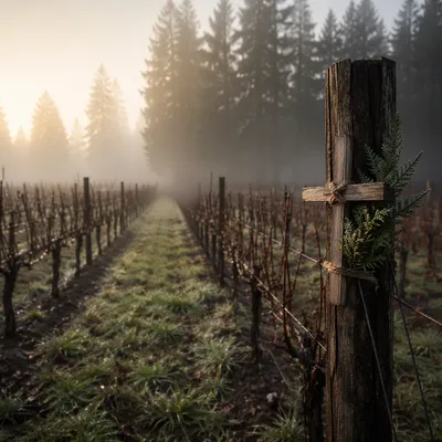 Morning Mist Vineyard with Wooden Cross