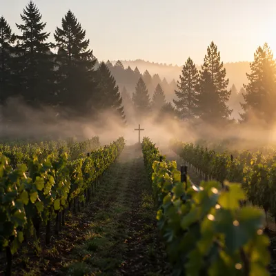Morning Mist Vineyard Rows with Cross