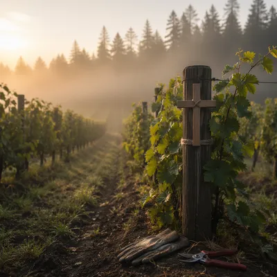 Morning Mist Vineyard with Wooden Cross