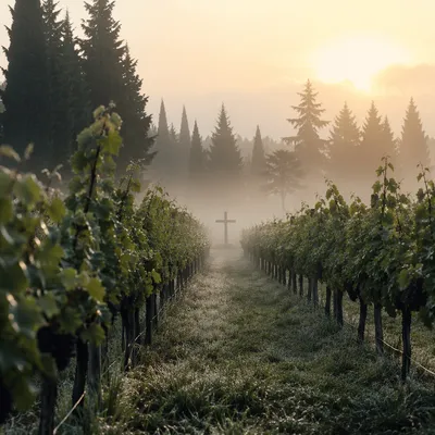 Misty Vineyard Rows with Wooden Cross