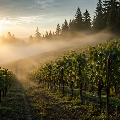 Morning Mist Over Evergreen Vineyard Rows
